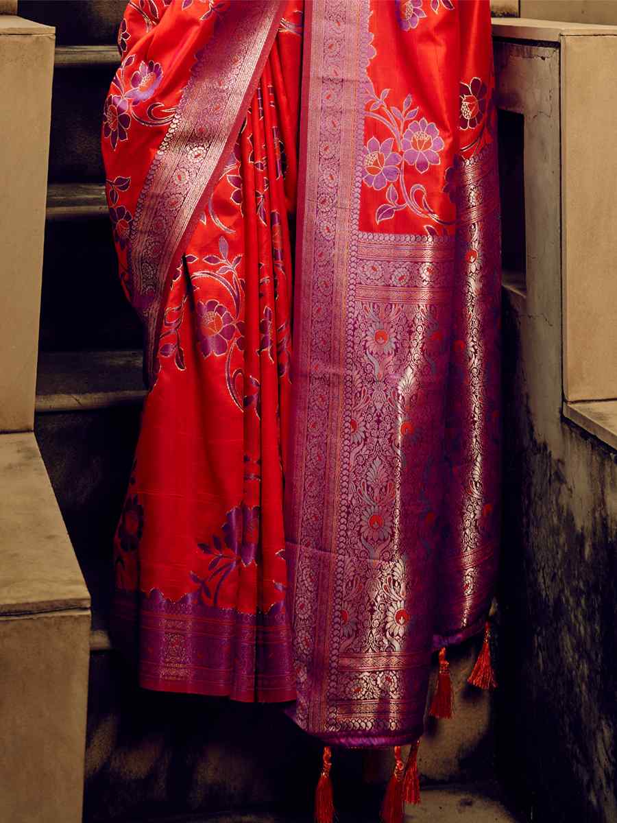 Orange Satin Brasso Silk Handwoven Wedding Festival Heavy Border Saree