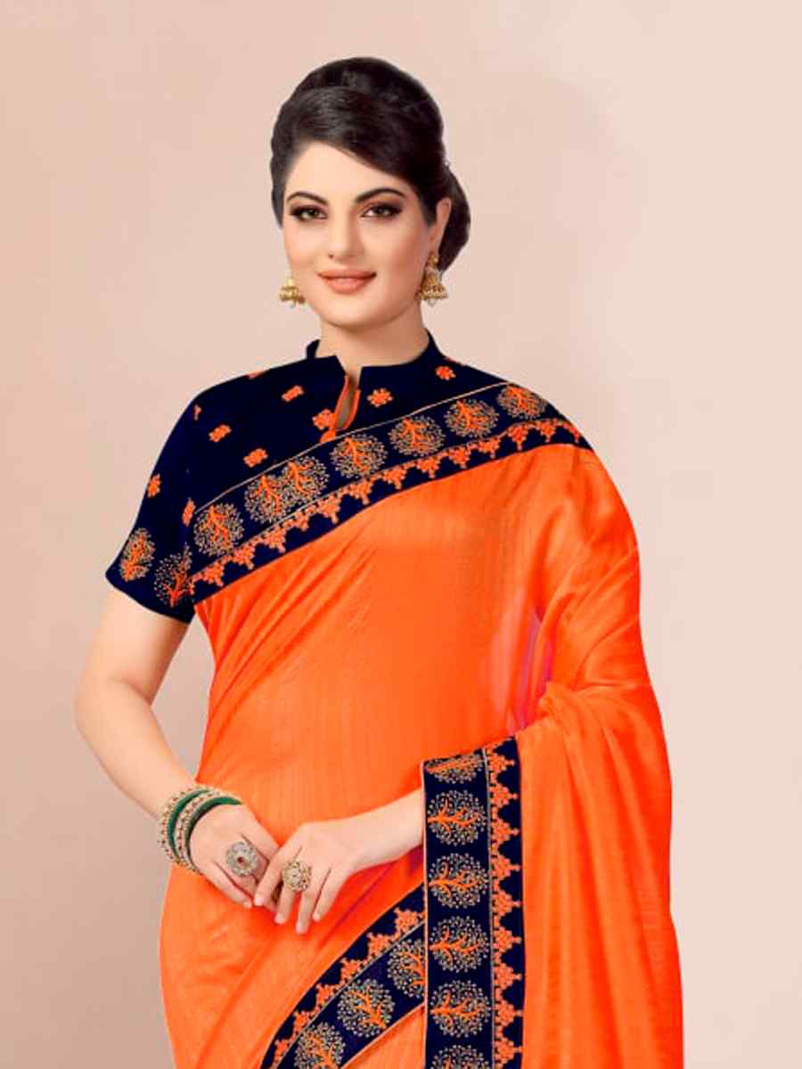 Orange Satin Embroidered Party Festival Classic Style Saree
