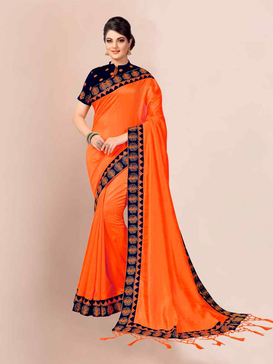 Orange Satin Embroidered Party Festival Classic Style Saree
