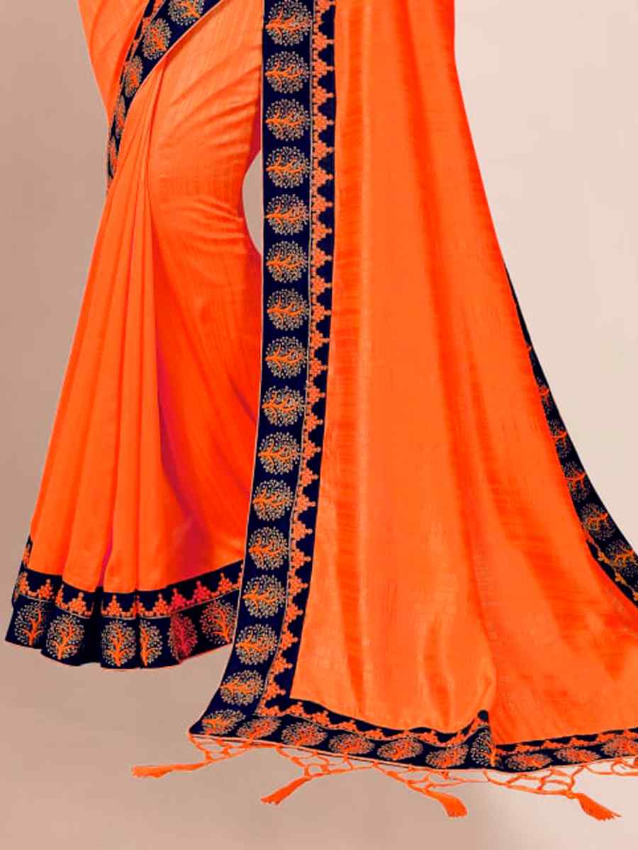 Orange Satin Embroidered Party Festival Classic Style Saree