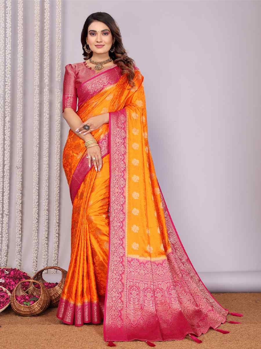 Orange Satin Silk Handwoven Festival Wedding Fancy Heavy Border Saree
