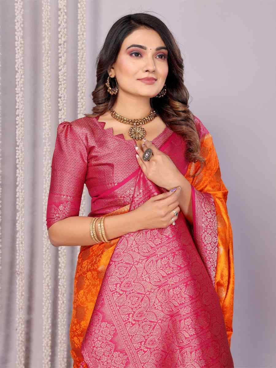 Orange Satin Silk Handwoven Festival Wedding Fancy Heavy Border Saree