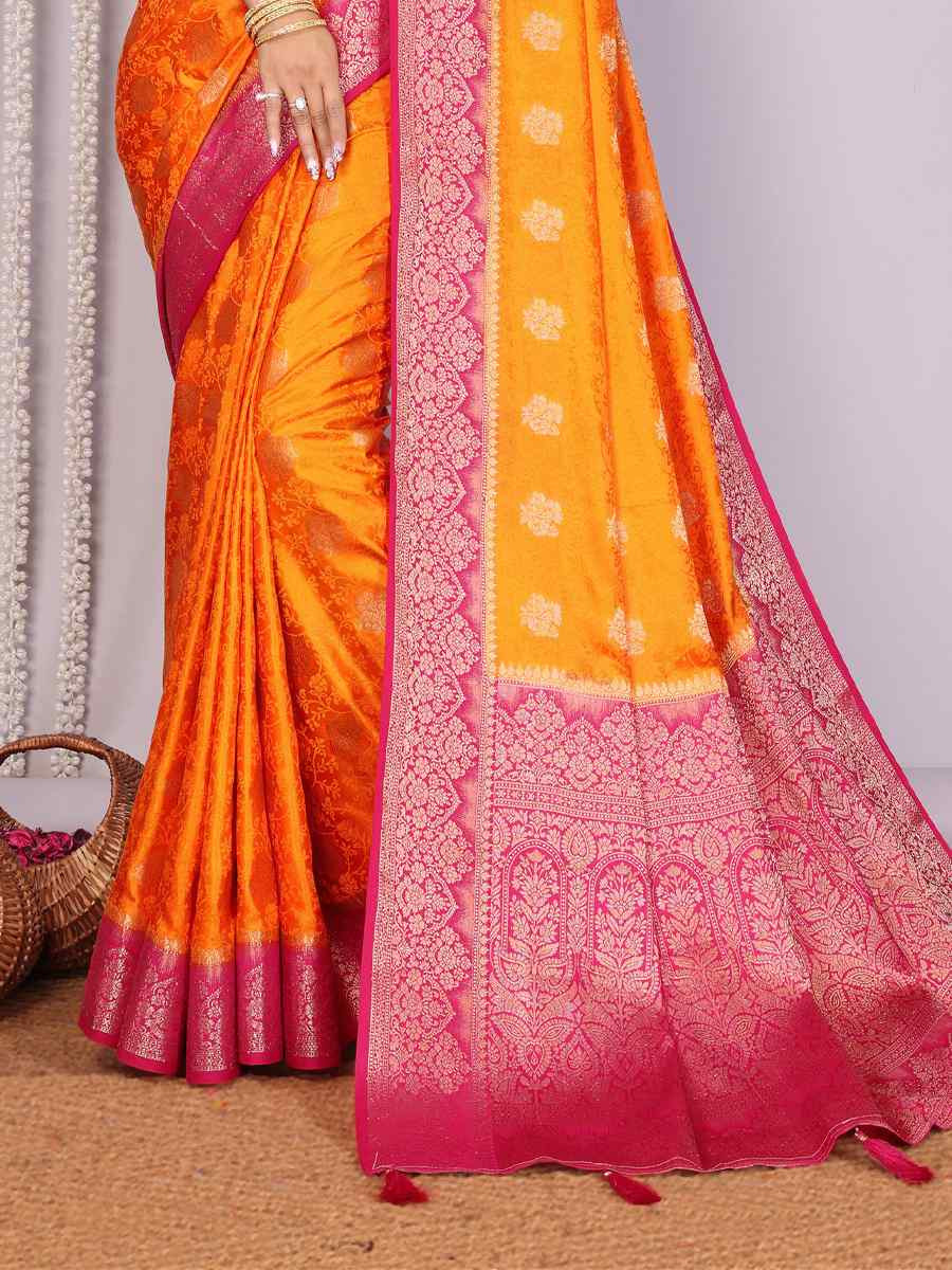 Orange Satin Silk Handwoven Festival Wedding Fancy Heavy Border Saree