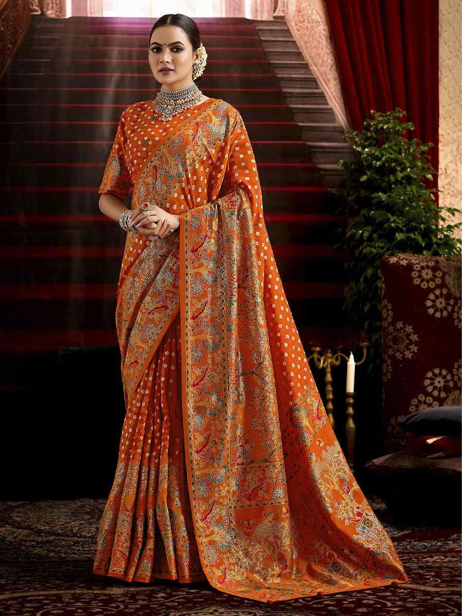 Orange Silk Bhandej Prined Traditional Bridal Reception Festival Wedding Fancy Heavy Border Saree