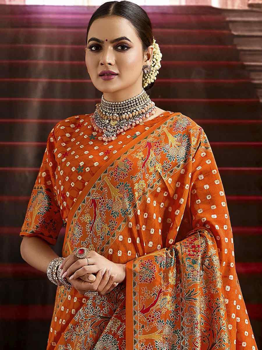 Orange Silk Bhandej Prined Traditional Bridal Reception Festival Wedding Fancy Heavy Border Saree