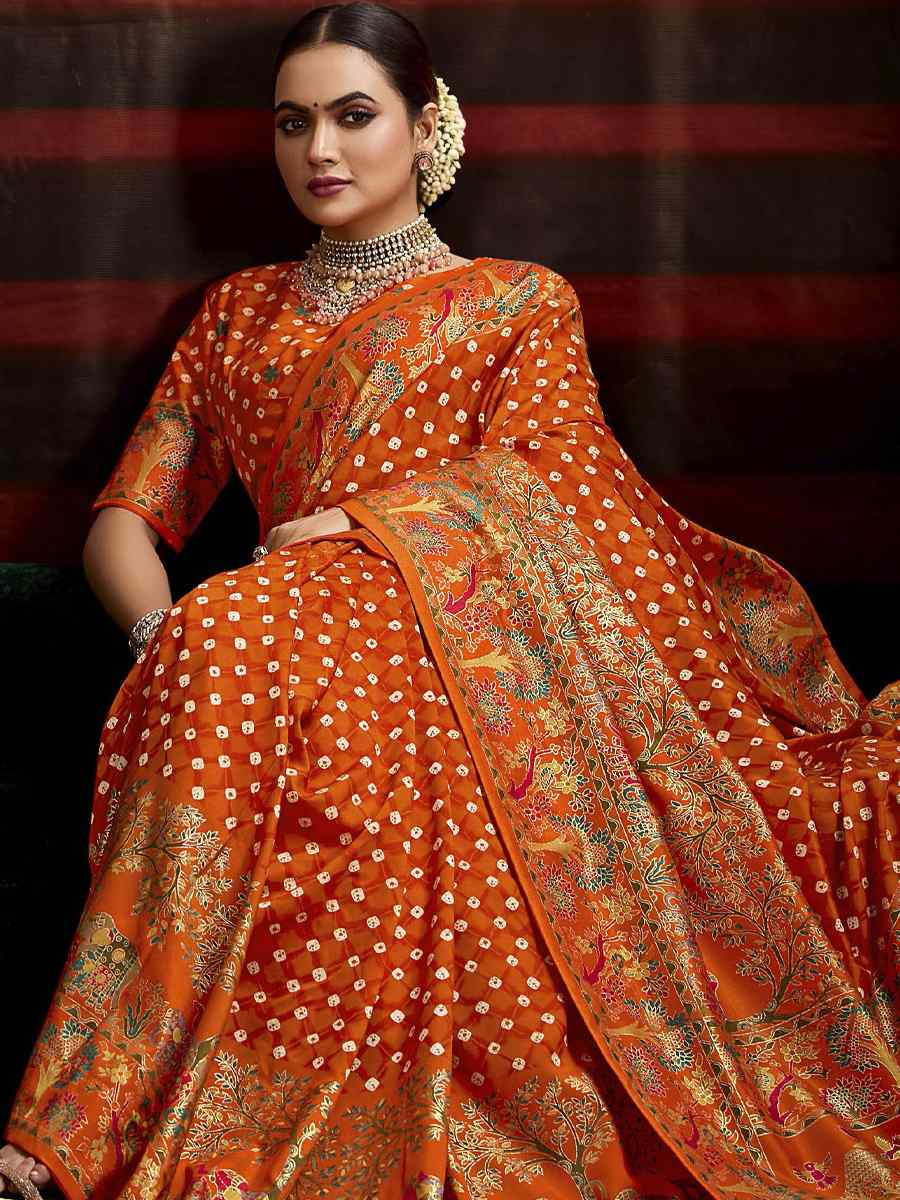 Orange Silk Bhandej Prined Traditional Bridal Reception Festival Wedding Fancy Heavy Border Saree