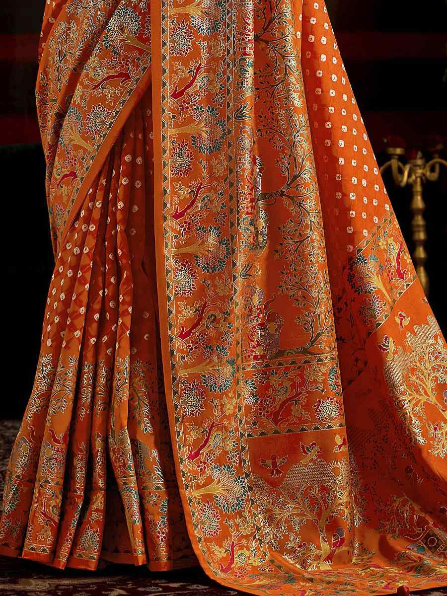 Orange Silk Bhandej Prined Traditional Bridal Reception Festival Wedding Fancy Heavy Border Saree