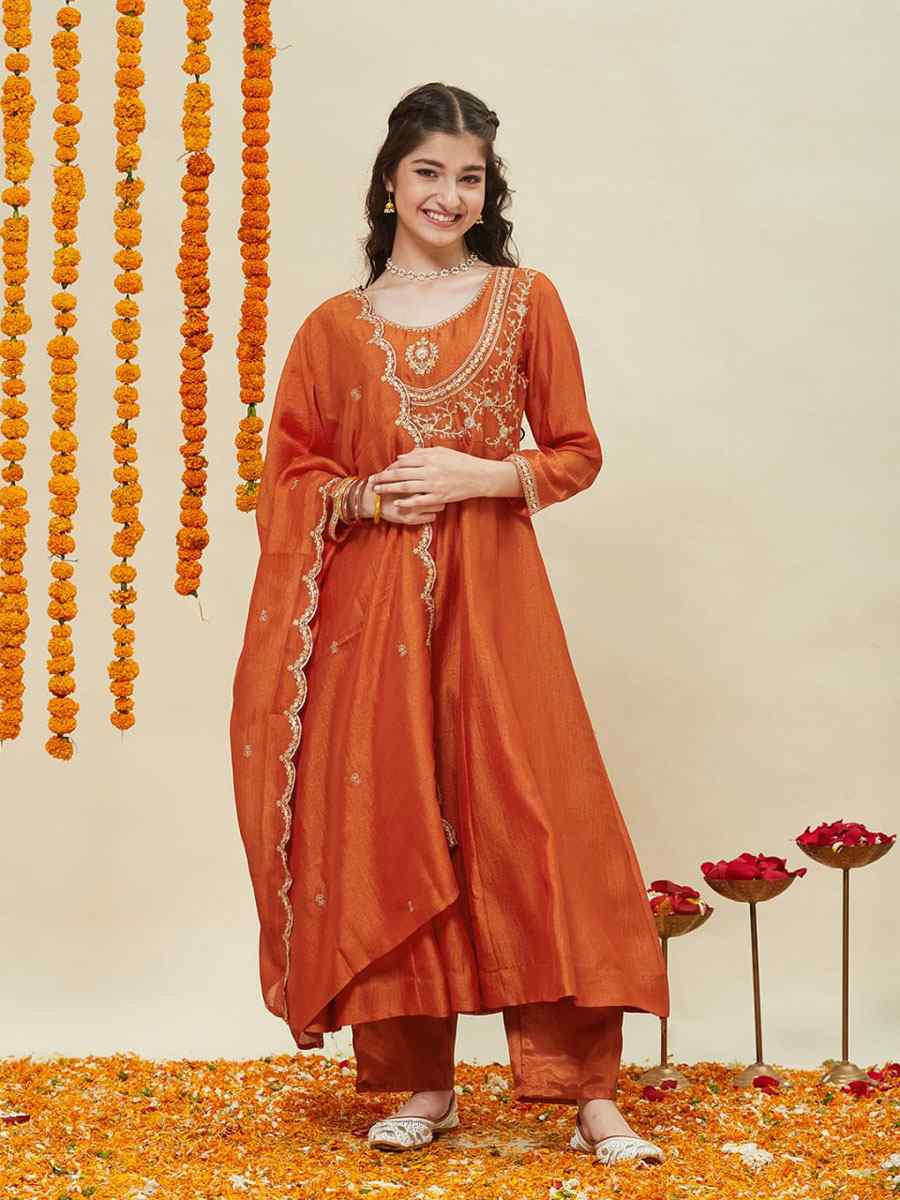 Orange Silk Blend Embroidered Wedding Festival Salwars Girls Wear