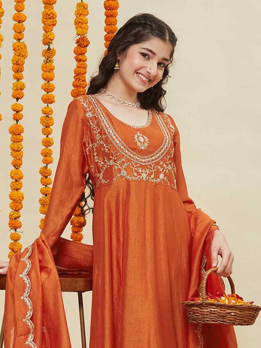 Orange Silk Blend Embroidered Wedding Festival Salwars Girls Wear