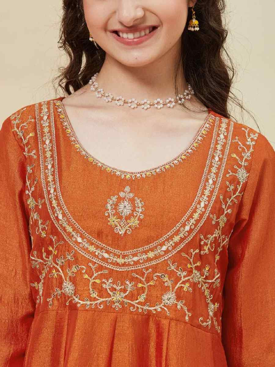 Orange Silk Blend Embroidered Wedding Festival Salwars Girls Wear