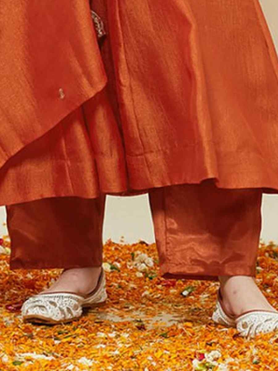 Orange Silk Blend Embroidered Wedding Festival Salwars Girls Wear