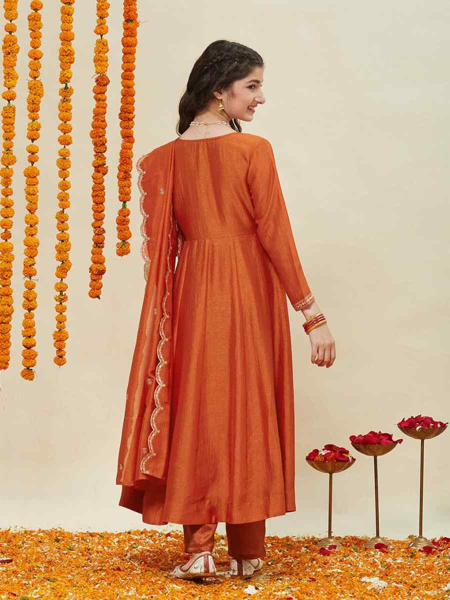 Orange Silk Blend Embroidered Wedding Festival Salwars Girls Wear
