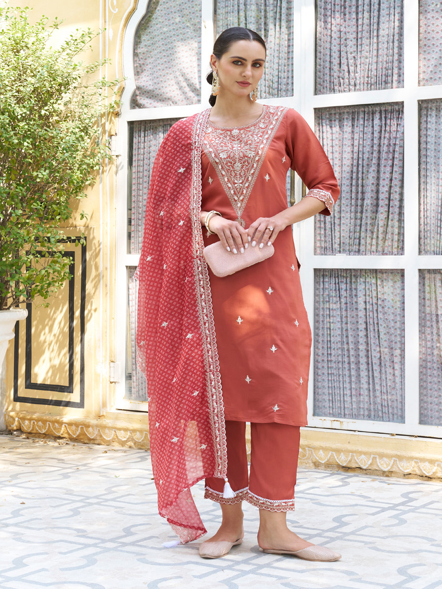 Orange Silk Blend Embroidery Sequins Wedding Party Festival Casual Ready Pant Salwar Kameez