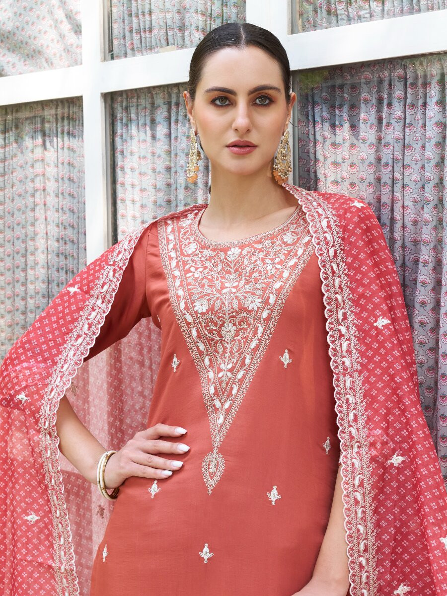 Orange Silk Blend Embroidery Sequins Wedding Party Festival Casual Ready Pant Salwar Kameez