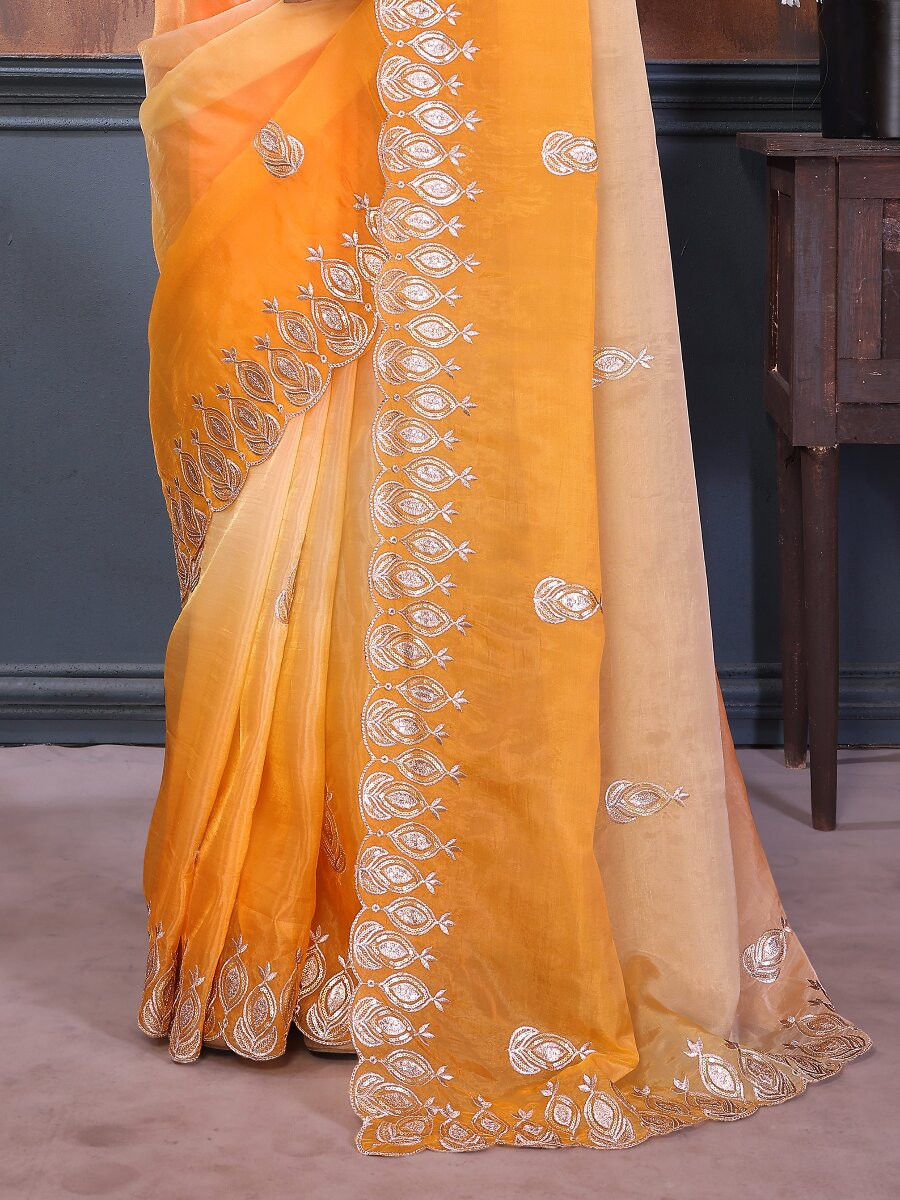 Orange Silk Blend Embroidery Wedding Reception Party Festival Casual Heavy Border Sarees