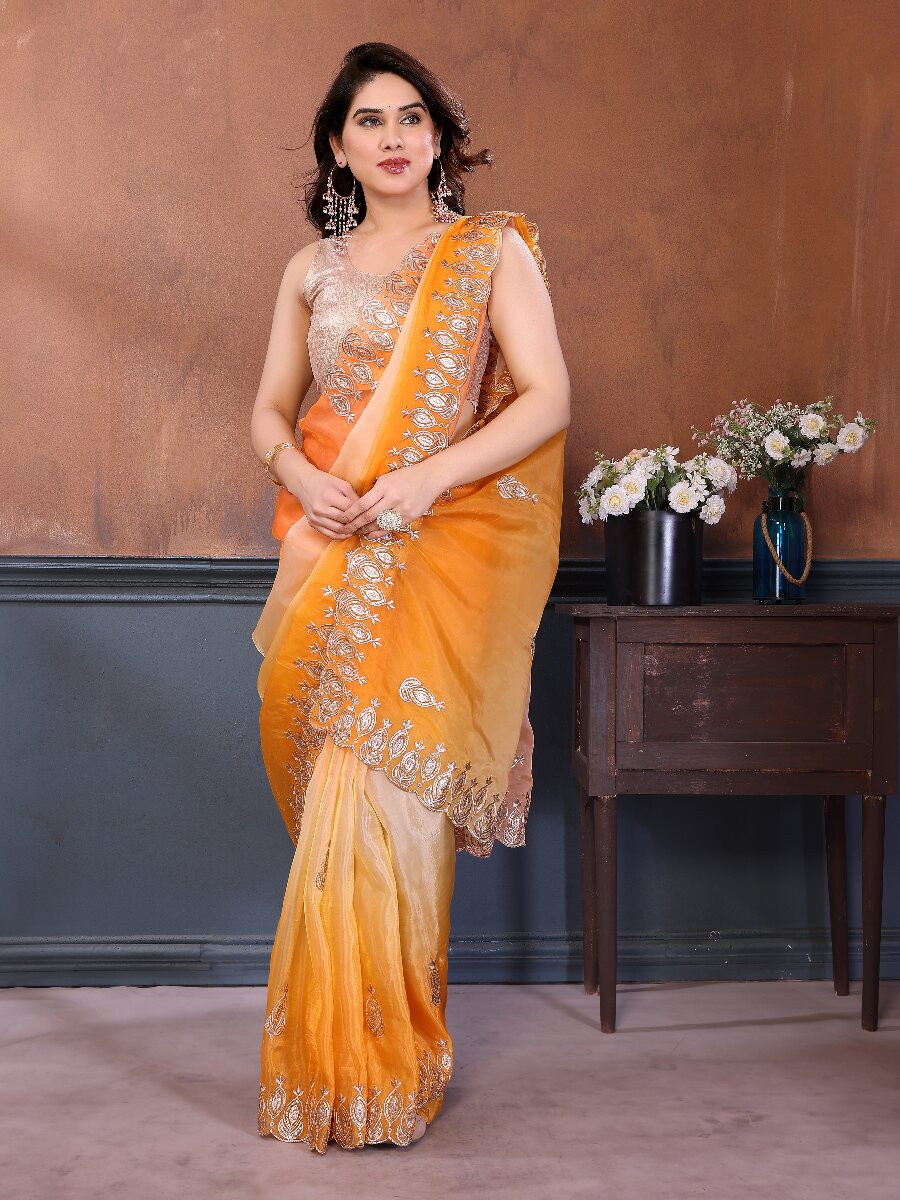 Orange Silk Blend Embroidery Wedding Reception Party Festival Casual Heavy Border Sarees