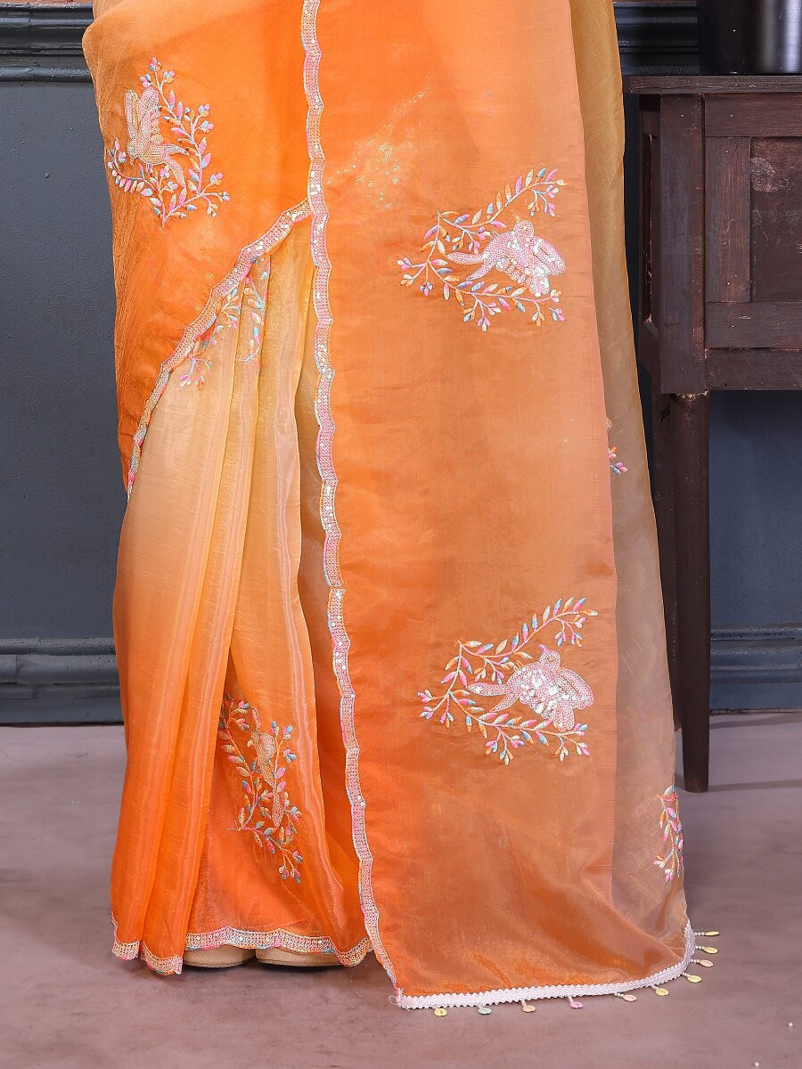 Orange Silk Blend Embroidery Wedding Reception Party Festival Casual Heavy Border Sarees