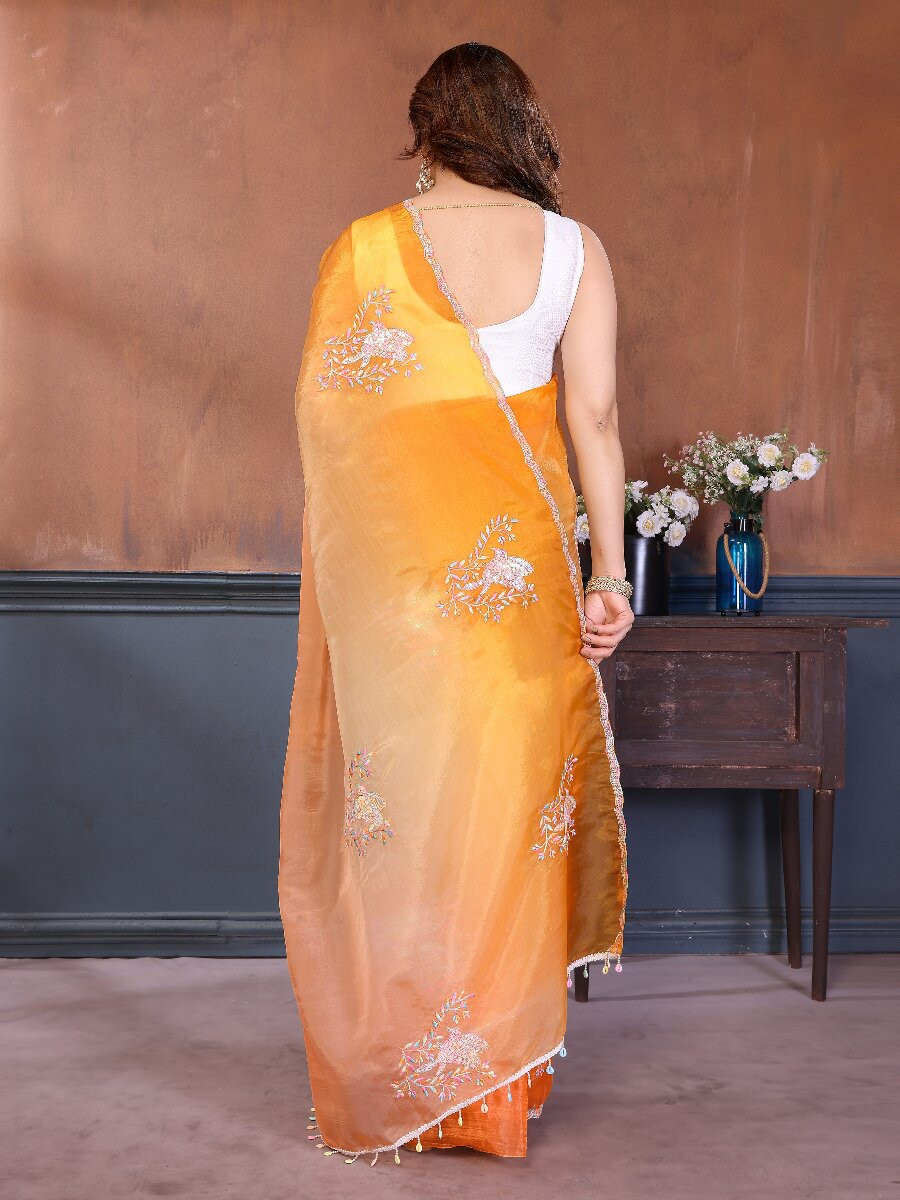 Orange Silk Blend Embroidery Wedding Reception Party Festival Casual Heavy Border Sarees