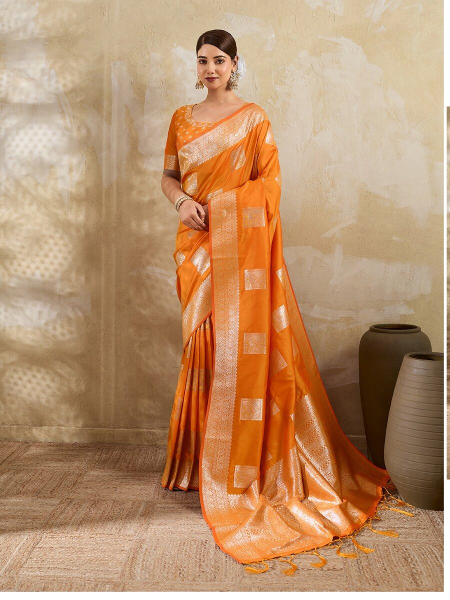 Orange Silk Blend Zari Wedding Reception Party Festival Casual Heavy Border Sarees