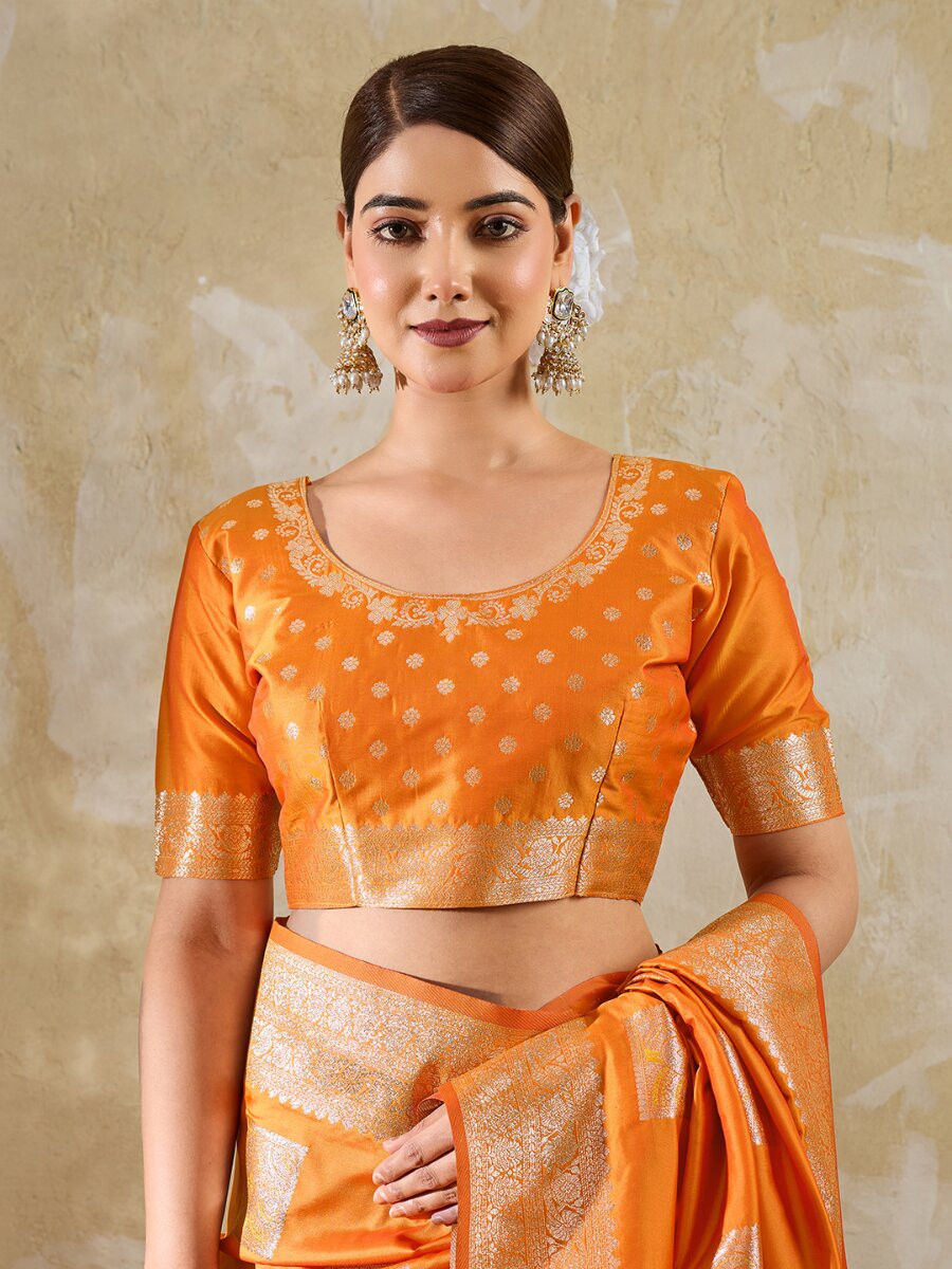Orange Silk Blend Zari Wedding Reception Party Festival Casual Heavy Border Sarees