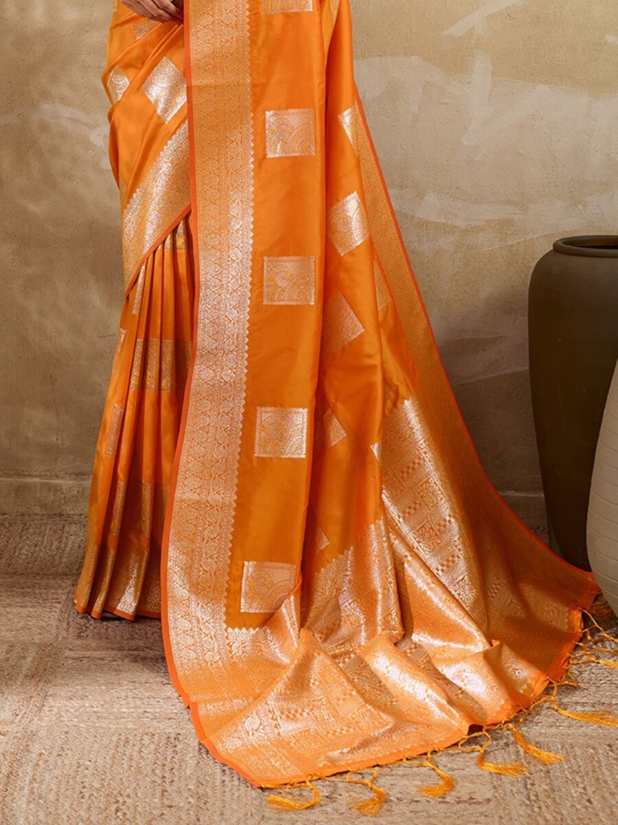 Orange Silk Blend Zari Wedding Reception Party Festival Casual Heavy Border Sarees