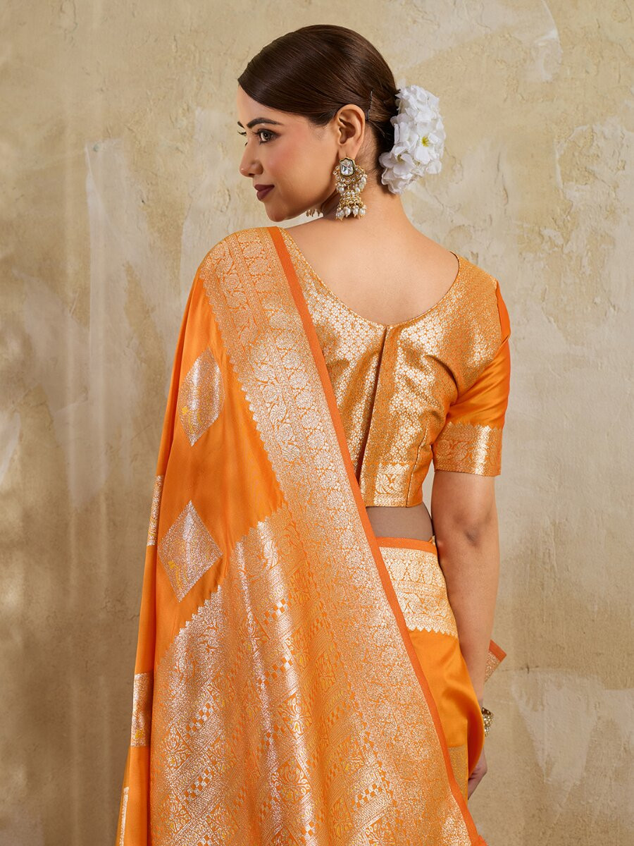 Orange Silk Blend Zari Wedding Reception Party Festival Casual Heavy Border Sarees