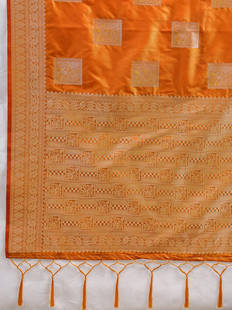 Orange Silk Blend Zari Wedding Reception Party Festival Casual Heavy Border Sarees