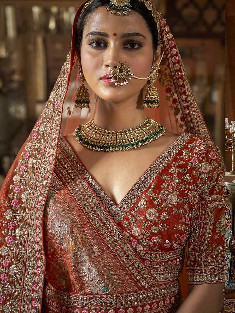 Orange Silk Embroidered Bridal Wedding Reception Festival Heavy Border Lehenga Choli