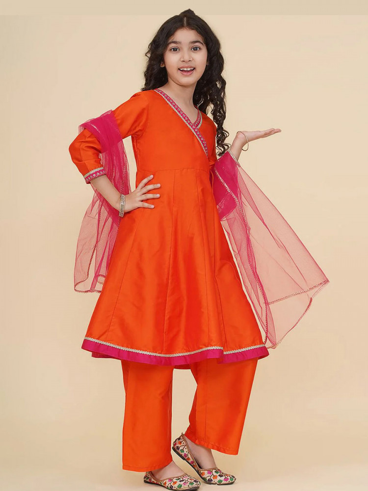 Image of Orange Silk Embroidered Ethnic Casual Festival Party Wedding Salwars Girls Wear