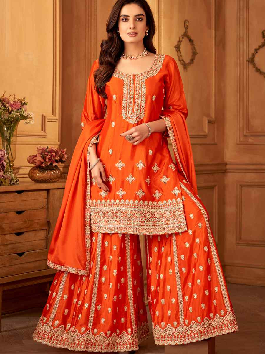 Orange Silk Embroidered Festival Casual Ready Palazzo Pant Salwar Kameez