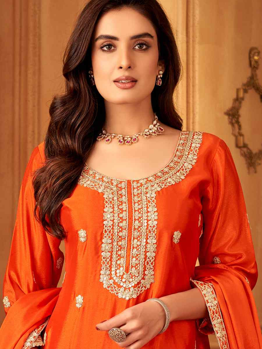 Orange Silk Embroidered Festival Casual Ready Palazzo Pant Salwar Kameez
