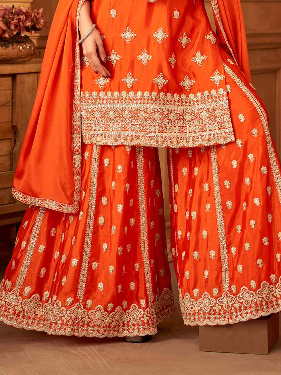 Orange Silk Embroidered Festival Casual Ready Palazzo Pant Salwar Kameez