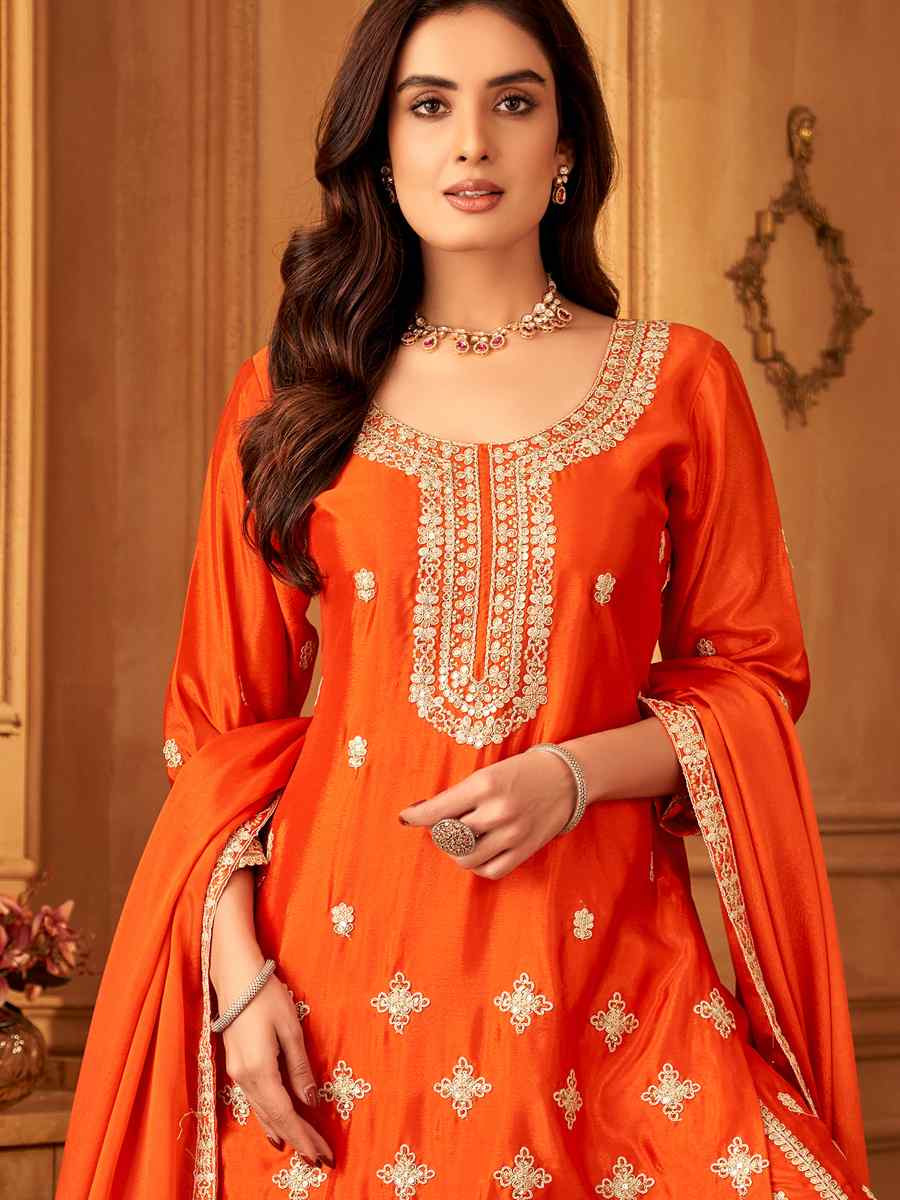 Orange Silk Embroidered Festival Casual Ready Palazzo Pant Salwar Kameez