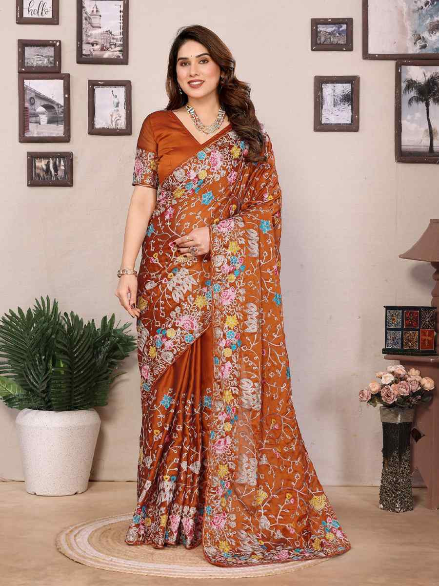 Orange Silk Embroidered Festival Wedding Fancy Heavy Border Saree