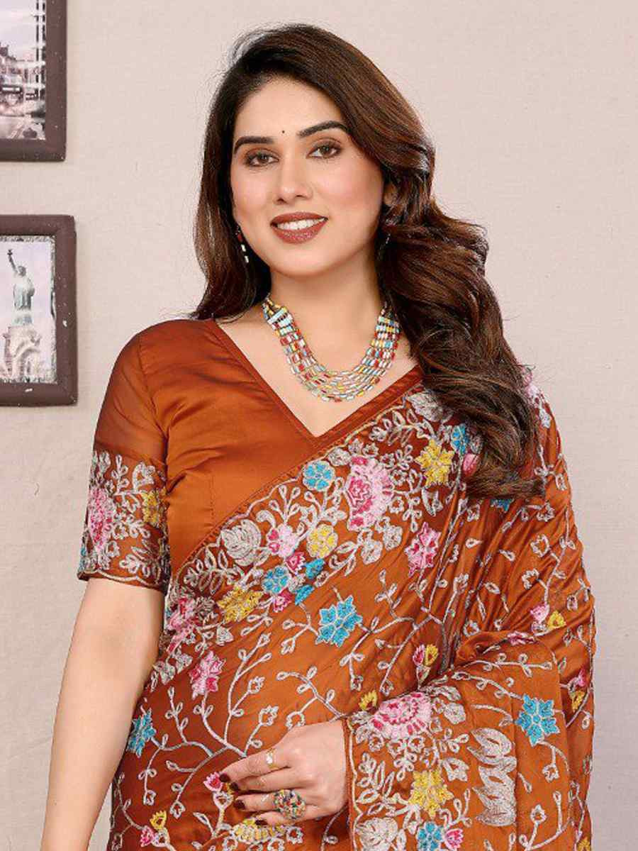 Orange Silk Embroidered Festival Wedding Fancy Heavy Border Saree