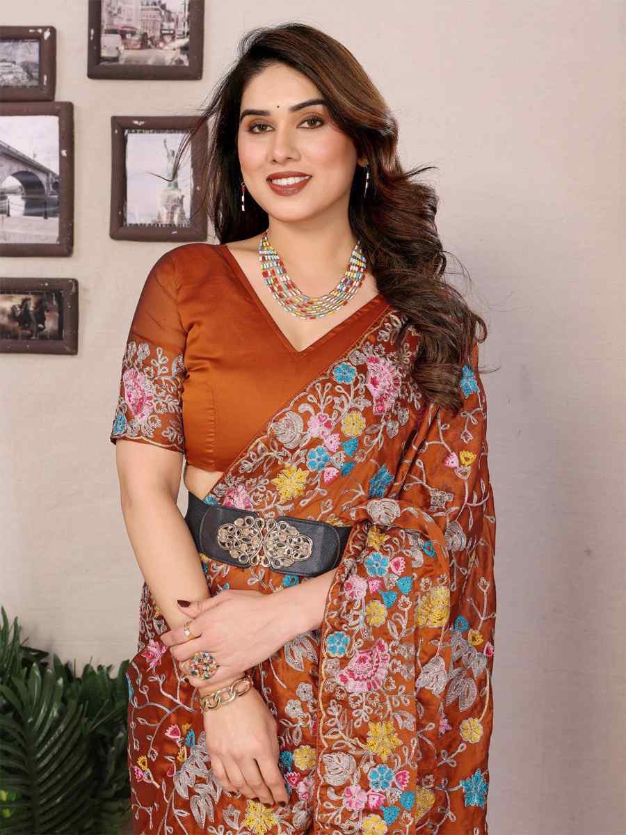 Orange Silk Embroidered Festival Wedding Fancy Heavy Border Saree