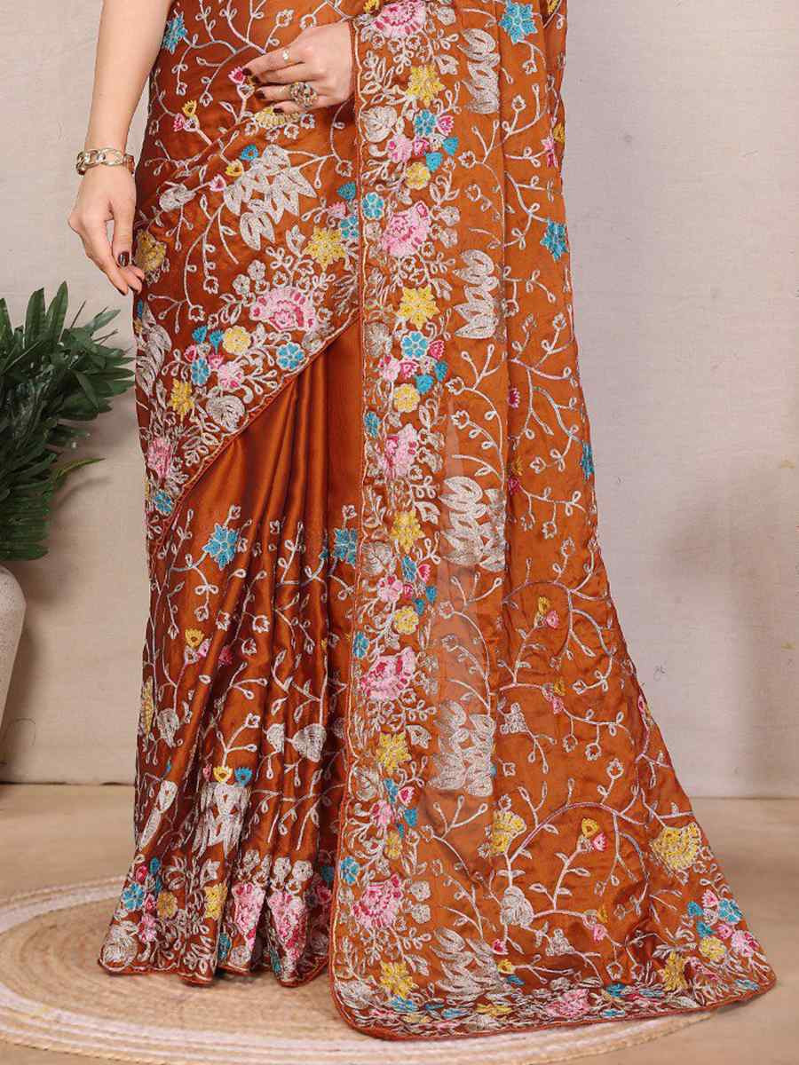 Orange Silk Embroidered Festival Wedding Fancy Heavy Border Saree