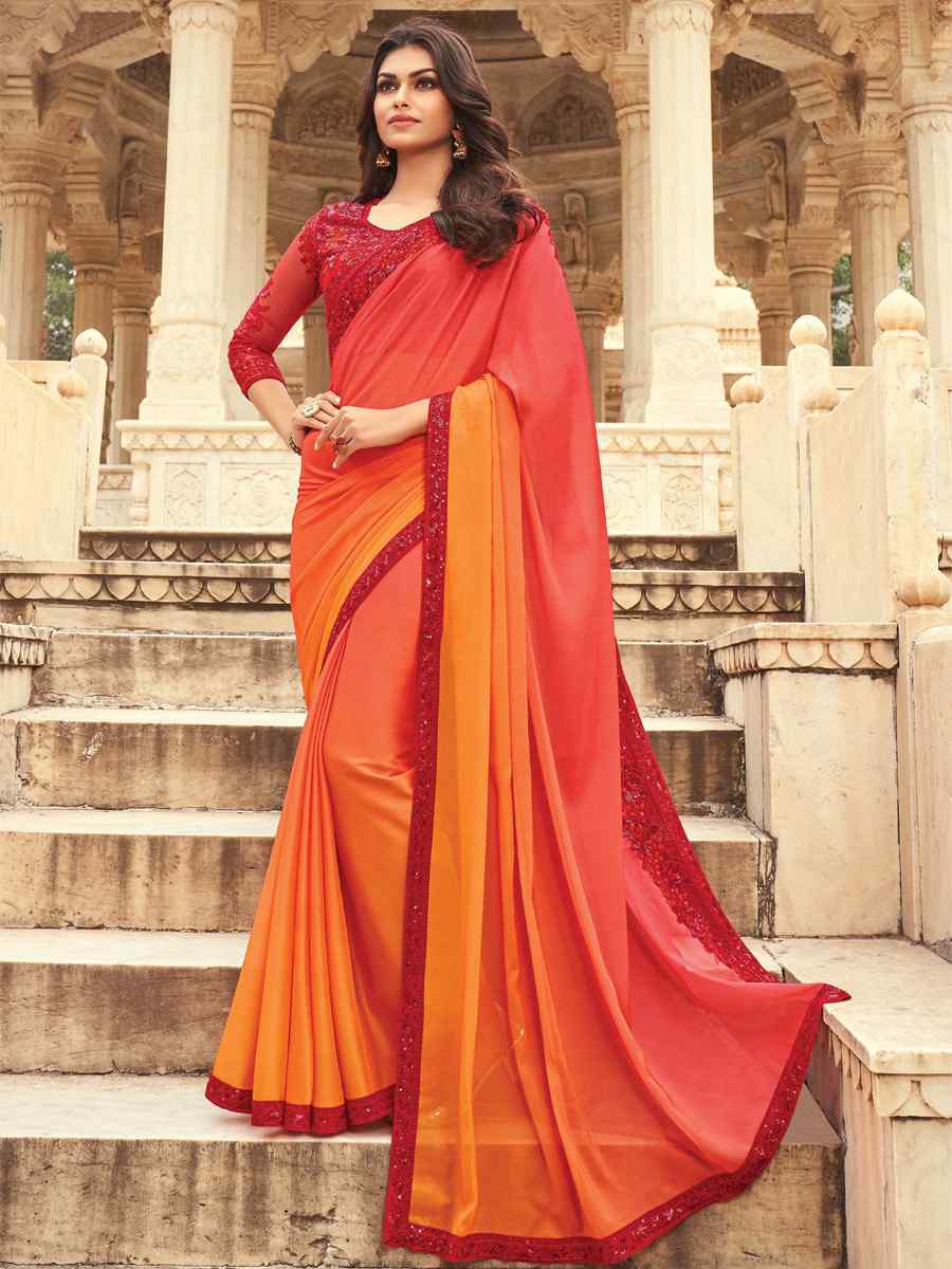 Orange Silk Embroidered Party Festival Classic Style Saree