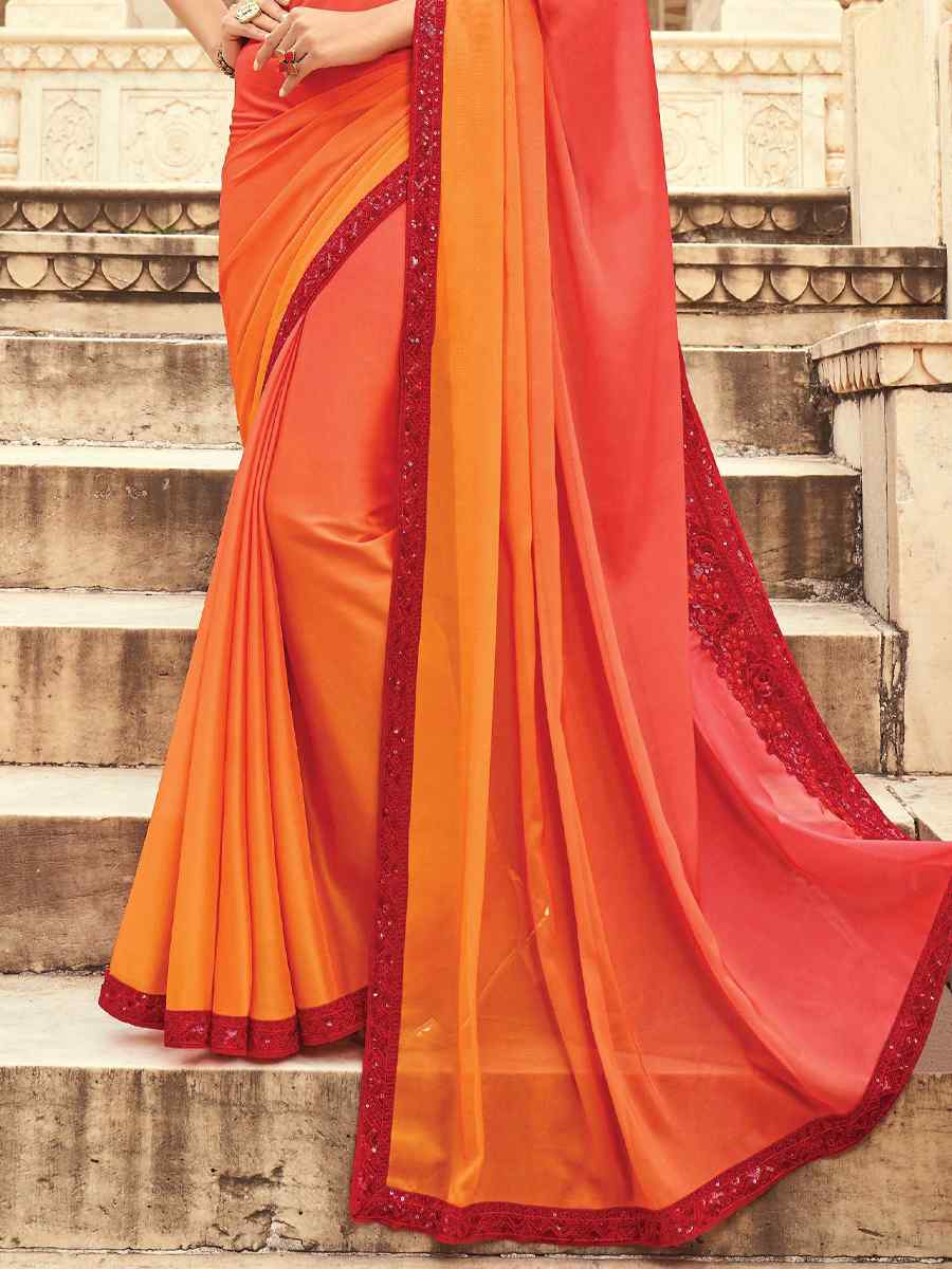 Orange Silk Embroidered Party Festival Classic Style Saree