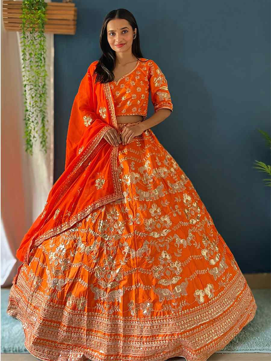 Orange Silk Embroidered Wedding Festival Heavy Border Lehenga Choli