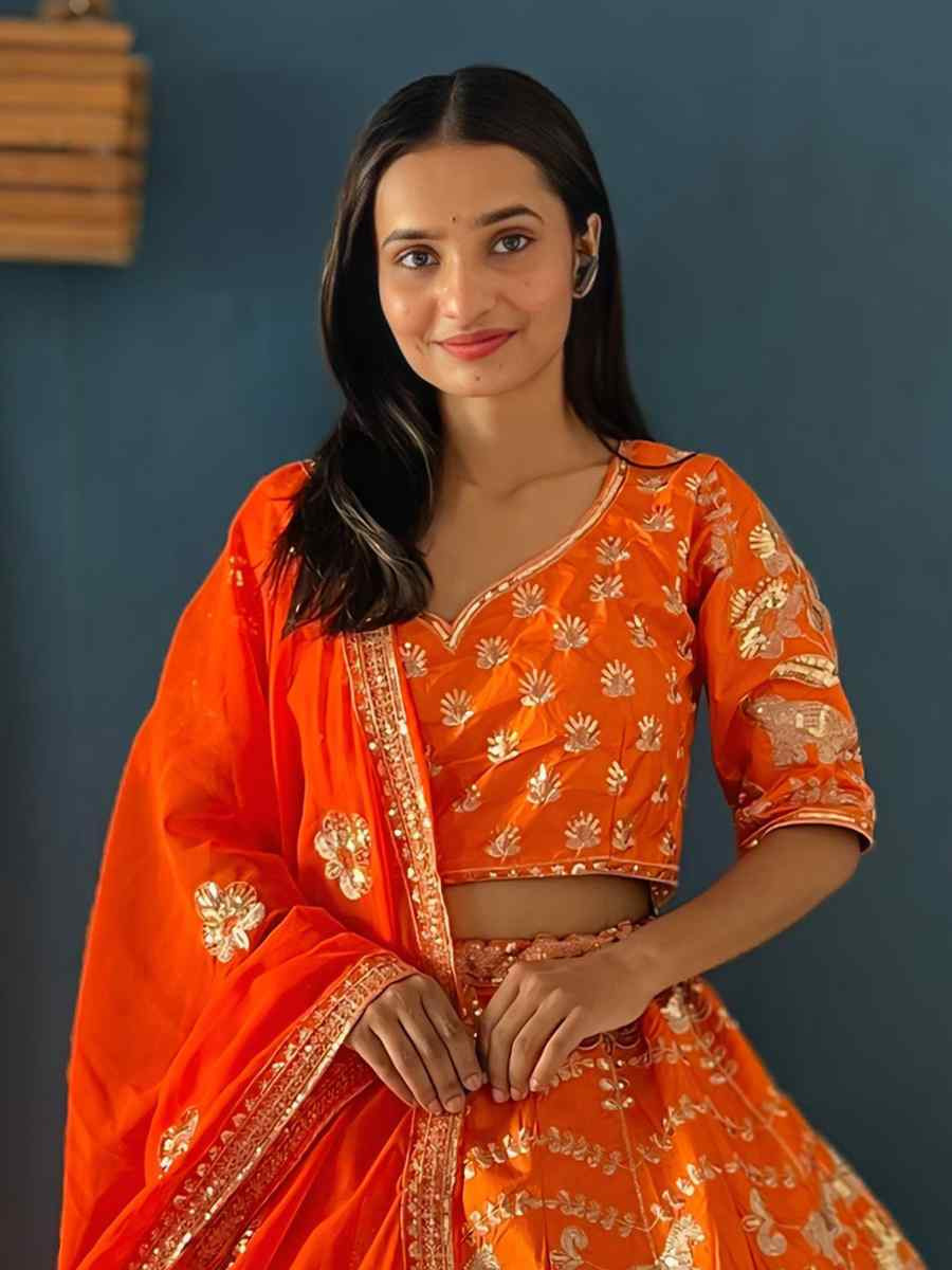 Orange Silk Embroidered Wedding Festival Heavy Border Lehenga Choli