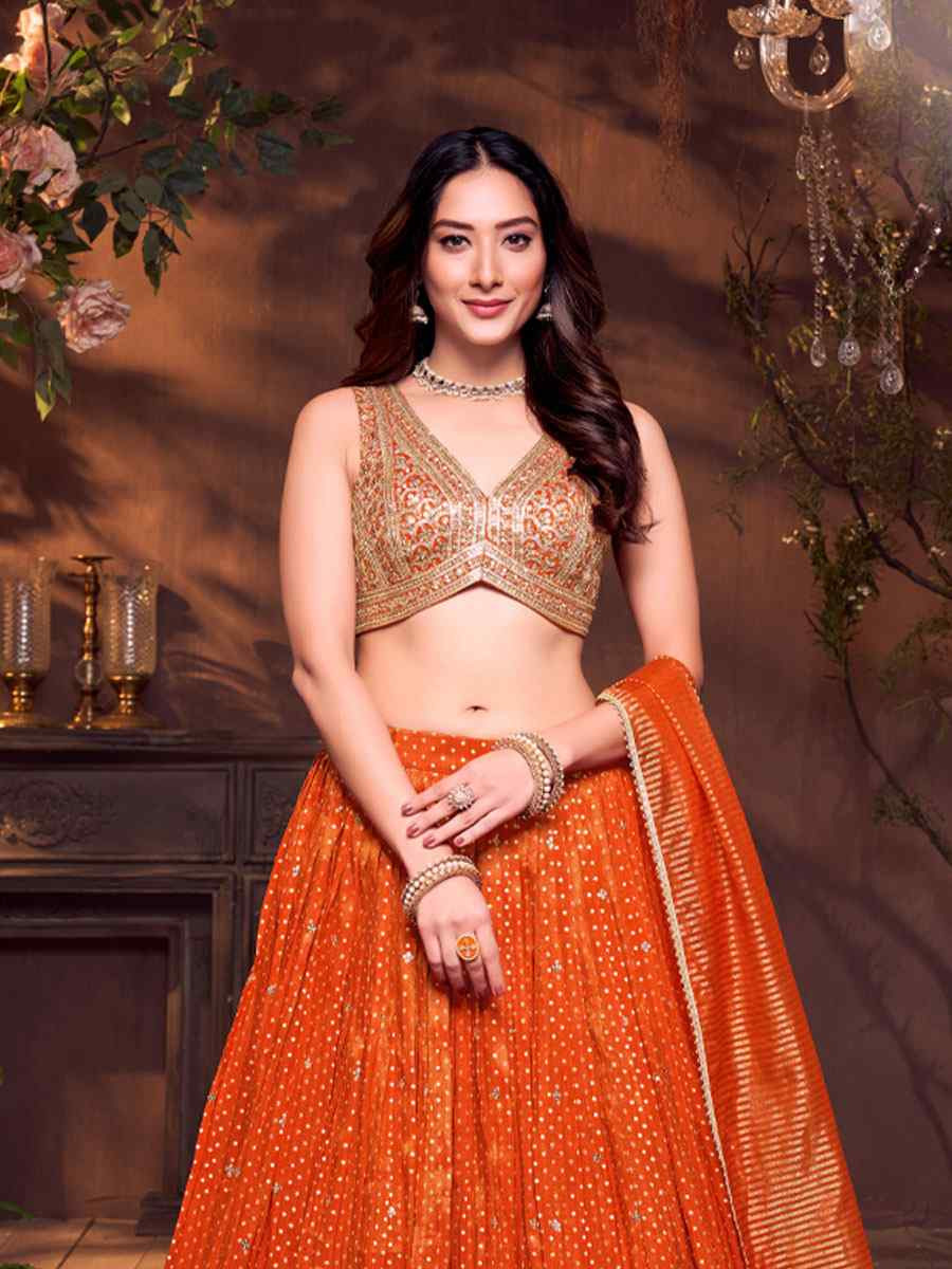 Orange Silk Embroidered Wedding Reception Festival Ready Heavy Border Lehenga Choli