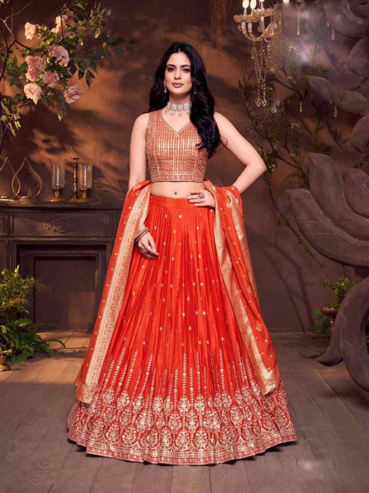 Image of Orange Silk Embroidered Wedding Reception Festival Ready Heavy Border Lehenga Choli