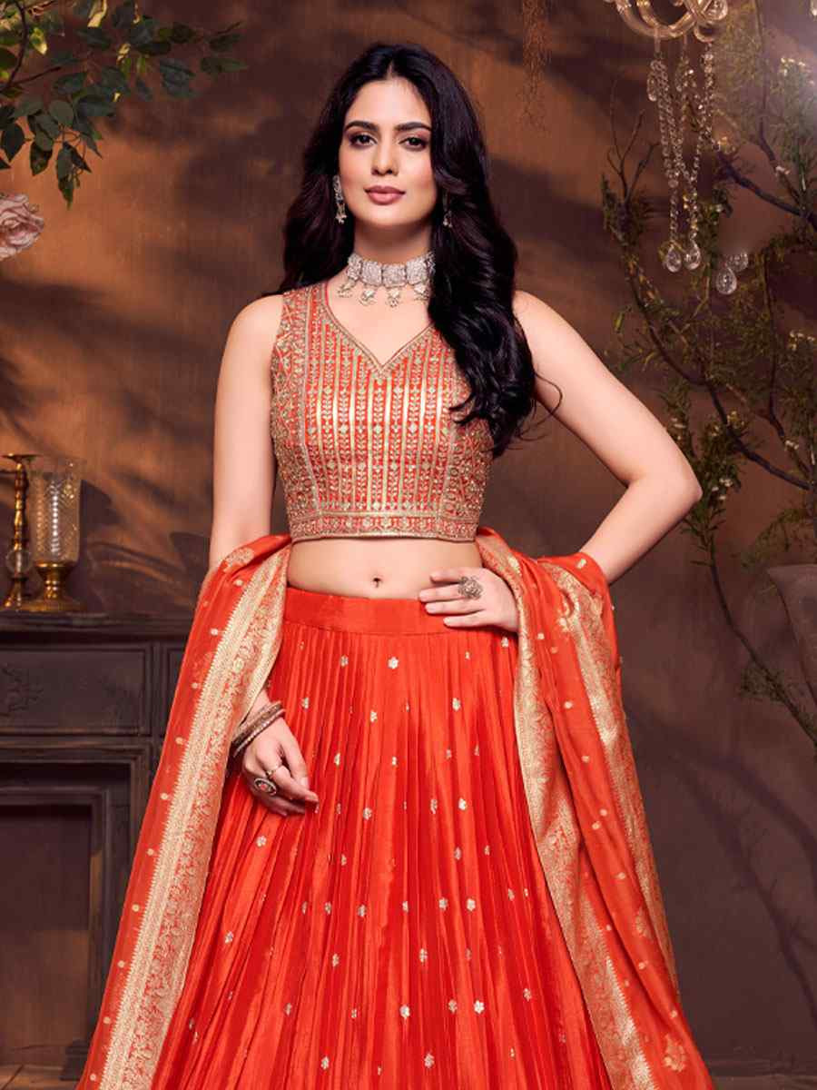 Orange Silk Embroidered Wedding Reception Festival Ready Heavy Border Lehenga Choli