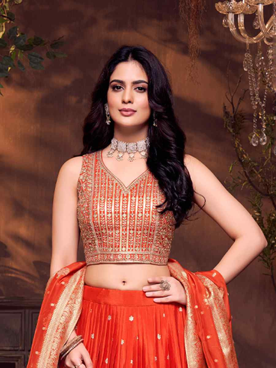 Orange Silk Embroidered Wedding Reception Festival Ready Heavy Border Lehenga Choli