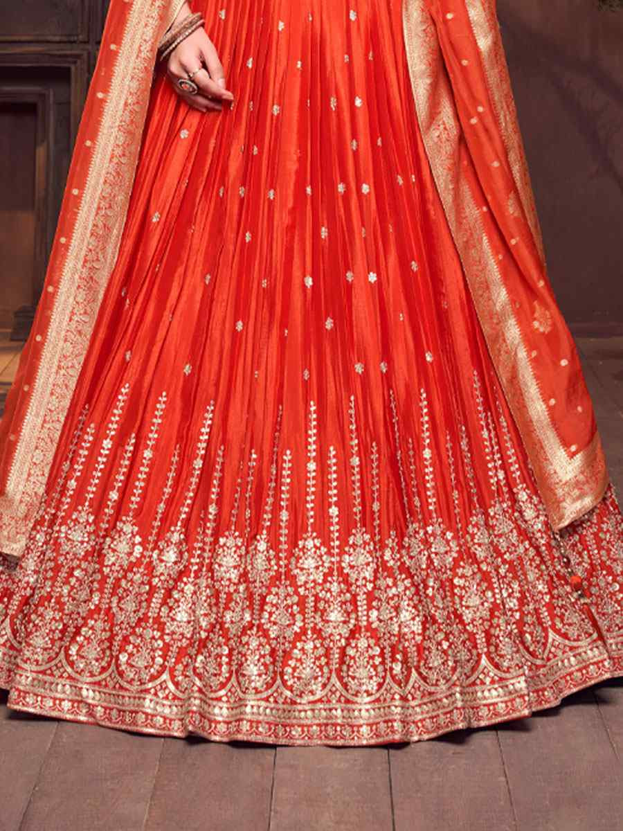 Orange Silk Embroidered Wedding Reception Festival Ready Heavy Border Lehenga Choli