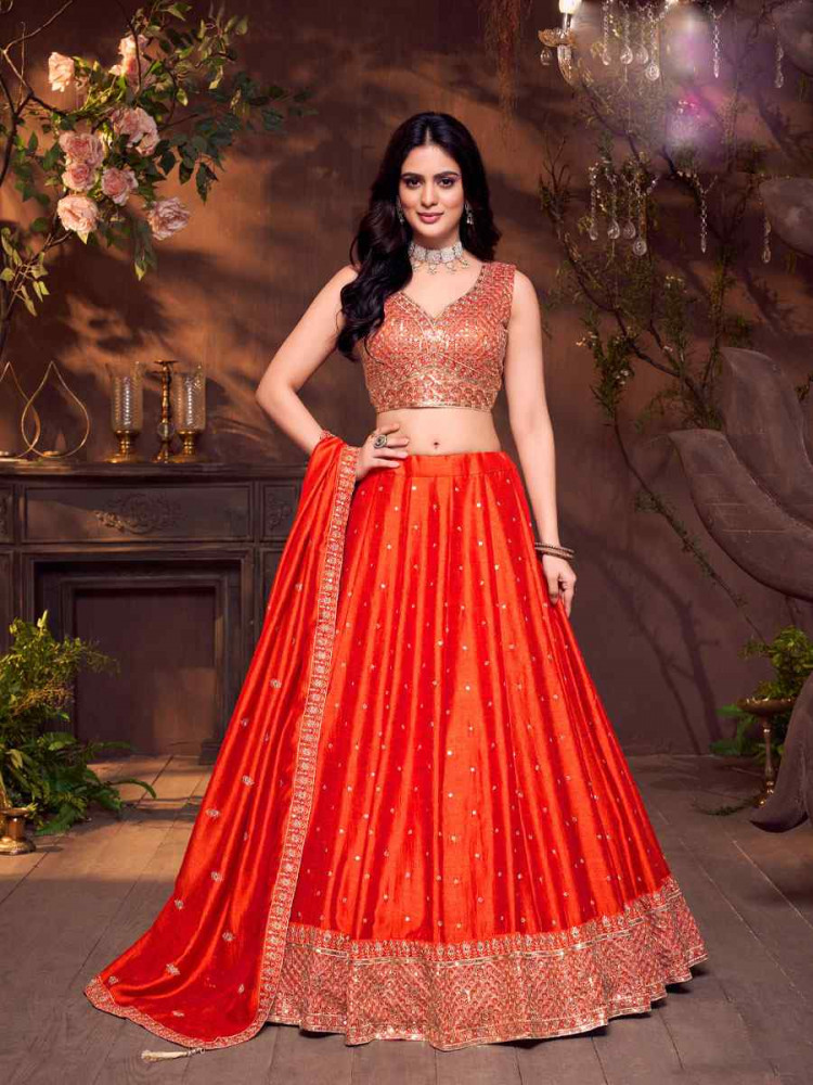 Image of Orange Silk Embroidered Wedding Reception Festival Ready Heavy Border Lehenga Choli