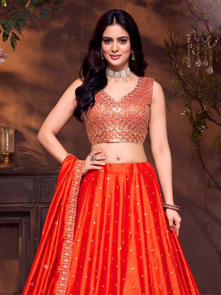 Orange Silk Embroidered Wedding Reception Festival Ready Heavy Border Lehenga Choli