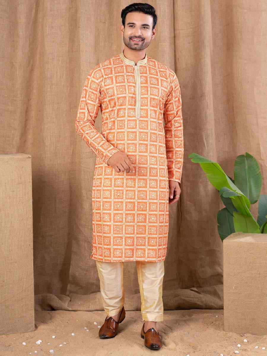 Orange Silk Embroidery Festival Wedding Party Mens Kurta