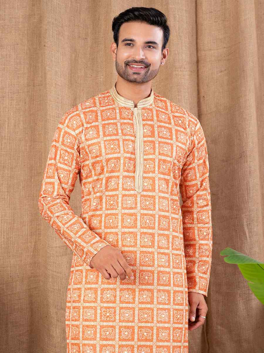 Orange Silk Embroidery Festival Wedding Party Mens Kurta